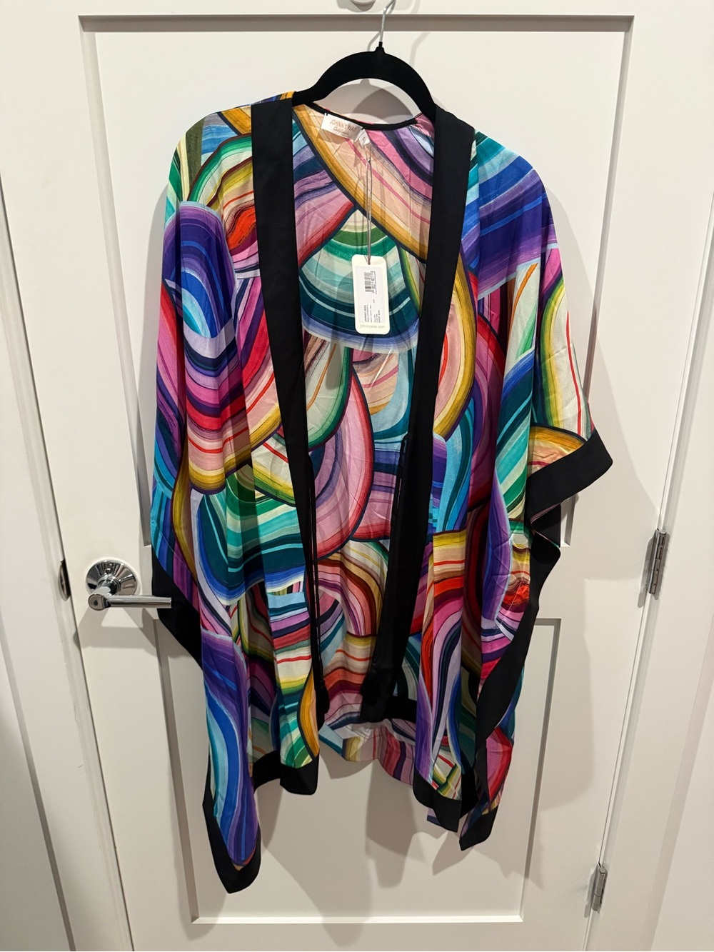 NWT Johnny Was Multicolor Swirl Print Short Kimono with Black Trim